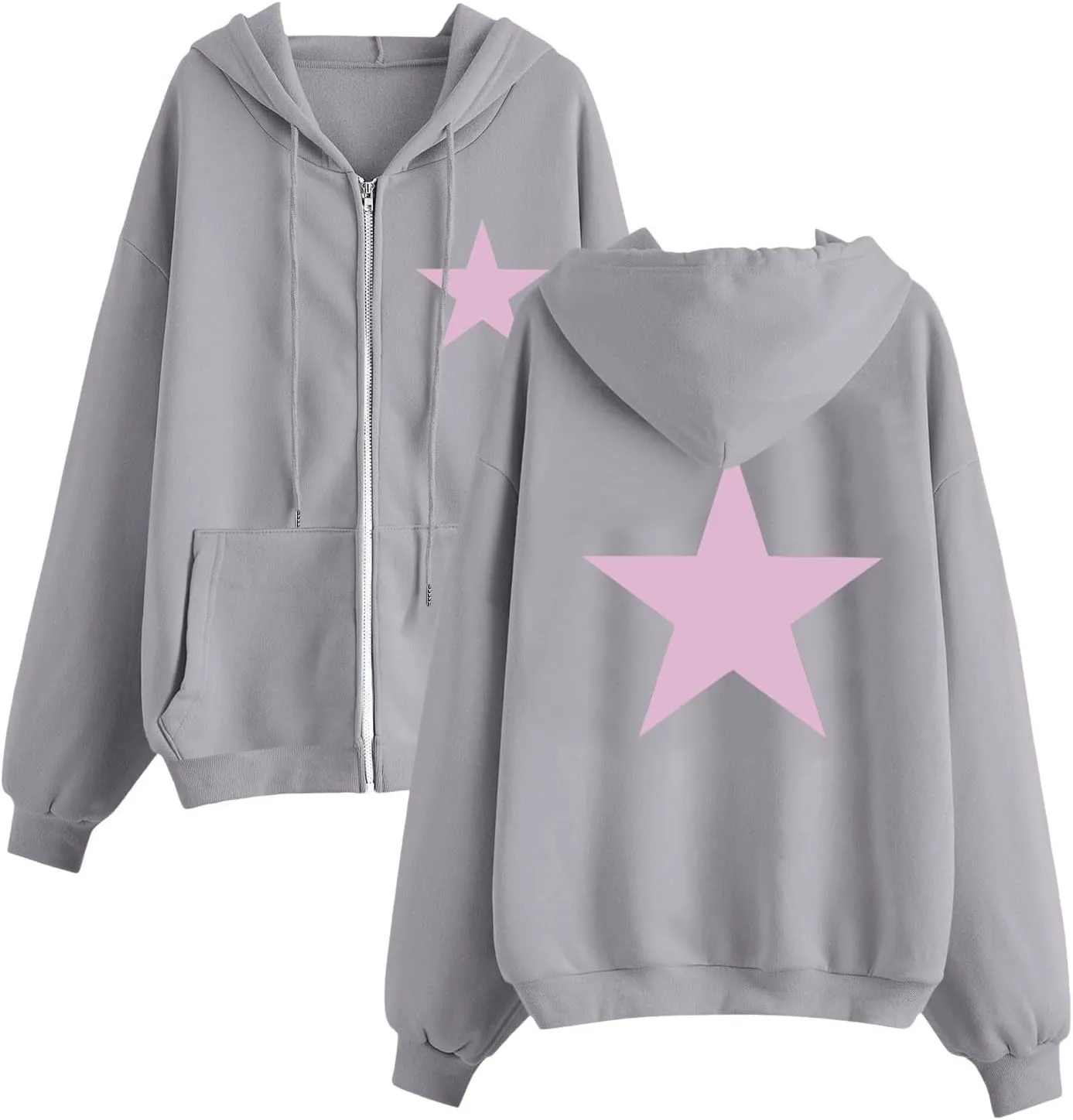 Women Star Print Zip Up Hoodies Oversized Long Sleeve Hooded Jackets Casual Fashion Lightweight Fleece Sweatshirts