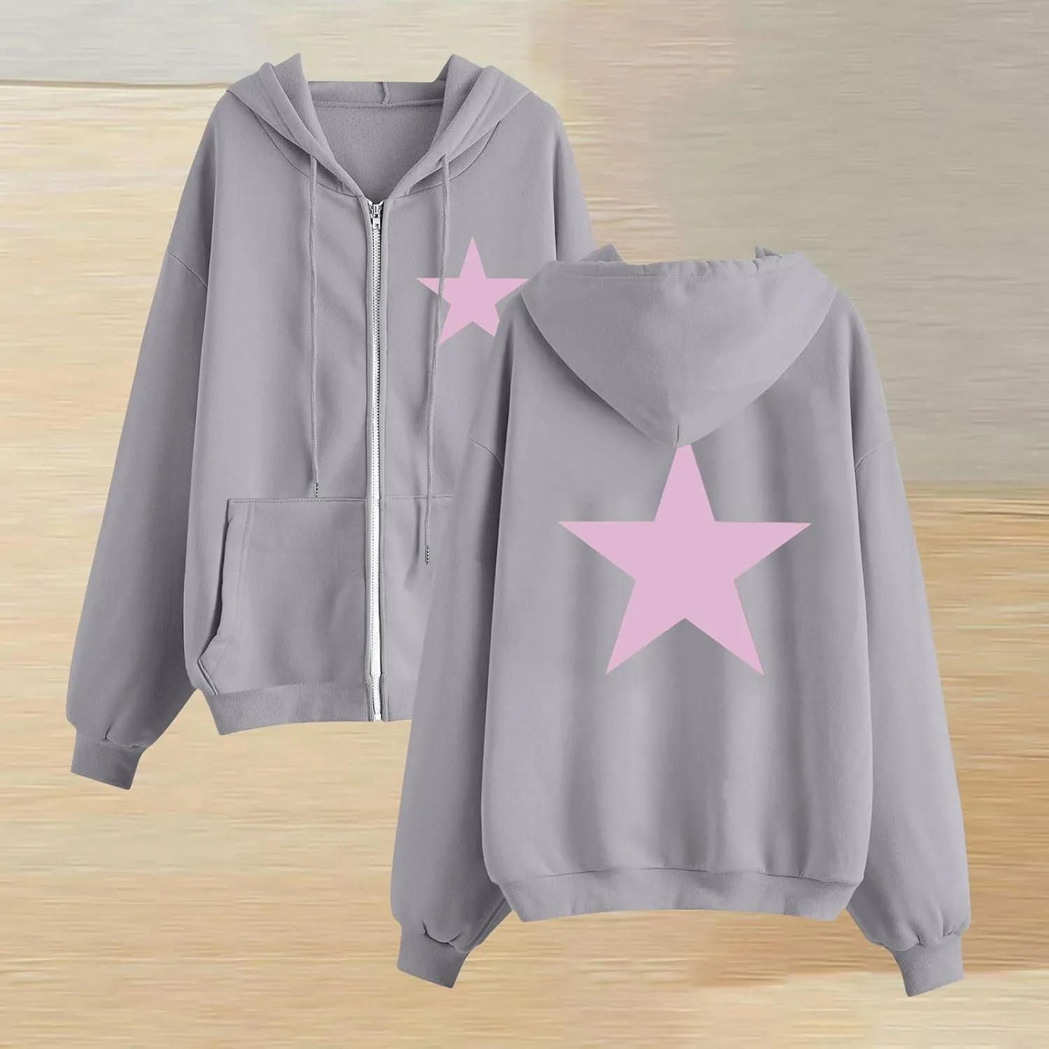 Women Star Print Zip Up Hoodies Oversized Long Sleeve Hooded Jackets Casual Fashion Lightweight Fleece Sweatshirts