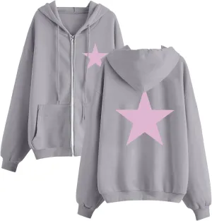 Women Star Print Zip Up Hoodies Oversized Long Sleeve Hooded Jackets Casual Fashion Lightweight Fleece Sweatshirts
