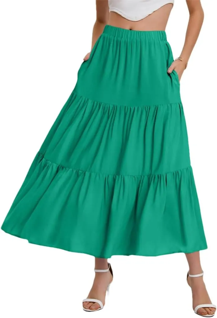 Women Summer Bohemian Elastic Waist A Line Skirt Flowing Ruffles Hem Tiered Maxi Skirt