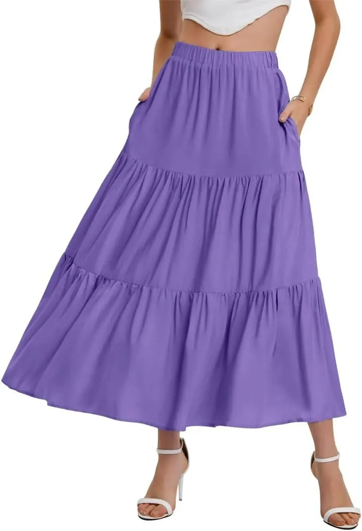 Women Summer Bohemian Elastic Waist A Line Skirt Flowing Ruffles Hem Tiered Maxi Skirt