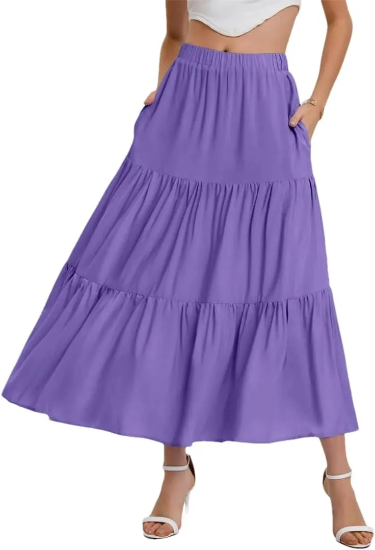 Women Summer Bohemian Elastic Waist A Line Skirt Flowing Ruffles Hem Tiered Maxi Skirt