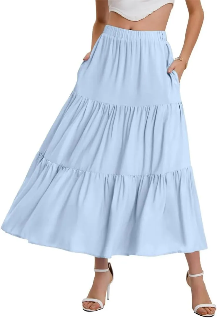 Women Summer Bohemian Elastic Waist A Line Skirt Flowing Ruffles Hem Tiered Maxi Skirt