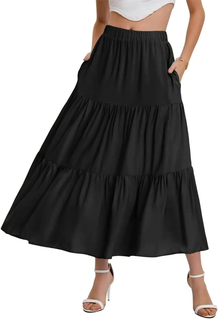 Women Summer Bohemian Elastic Waist A Line Skirt Flowing Ruffles Hem Tiered Maxi Skirt