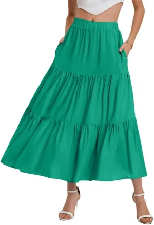 Women Summer Bohemian Elastic Waist A Line Skirt Flowing Ruffles Hem Tiered Maxi Skirt