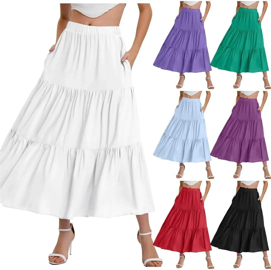 Women Summer Bohemian Elastic Waist A Line Skirt Flowing Ruffles Hem Tiered Maxi Skirt