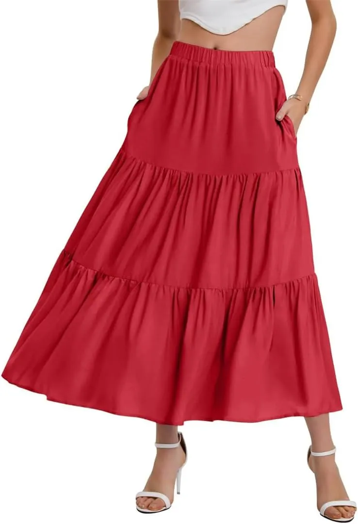Women Summer Bohemian Elastic Waist A Line Skirt Flowing Ruffles Hem Tiered Maxi Skirt