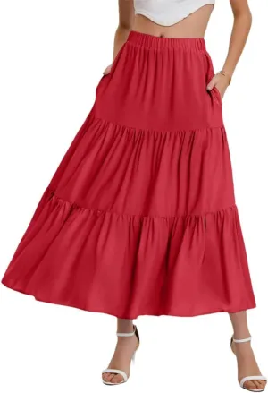 Women Summer Bohemian Elastic Waist A Line Skirt Flowing Ruffles Hem Tiered Maxi Skirt