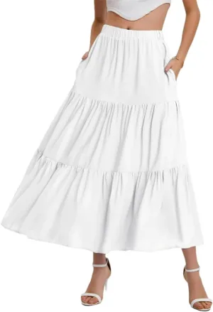 Women Summer Bohemian Elastic Waist A Line Skirt Flowing Ruffles Hem Tiered Maxi Skirt
