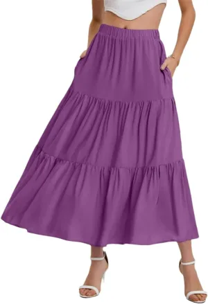 Women Summer Bohemian Elastic Waist A Line Skirt Flowing Ruffles Hem Tiered Maxi Skirt