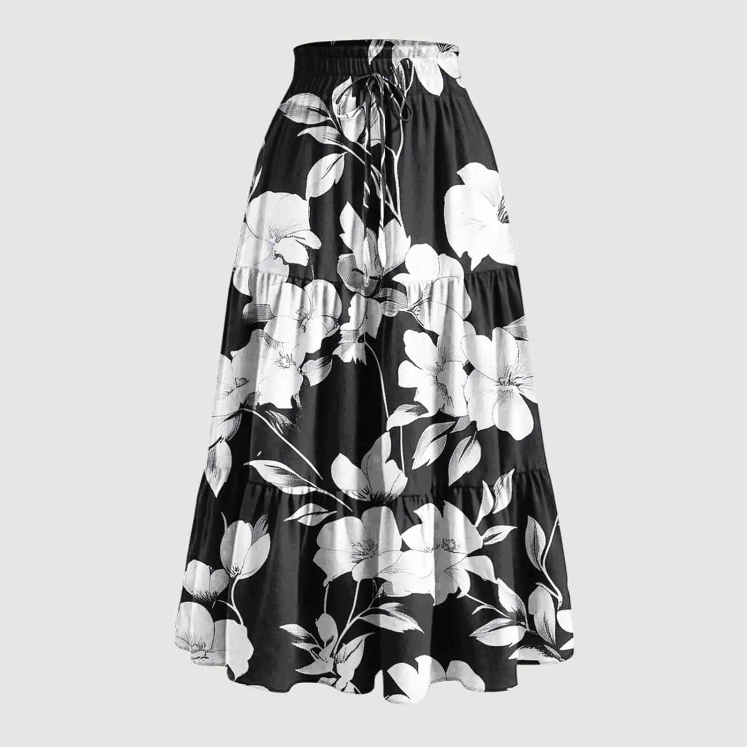Women Summer Boho Skirts Long Flowy Skirt Tiered A-Line Skirts Maxi Floral Skirt Pleated Beach Skirt High Waist Skirt