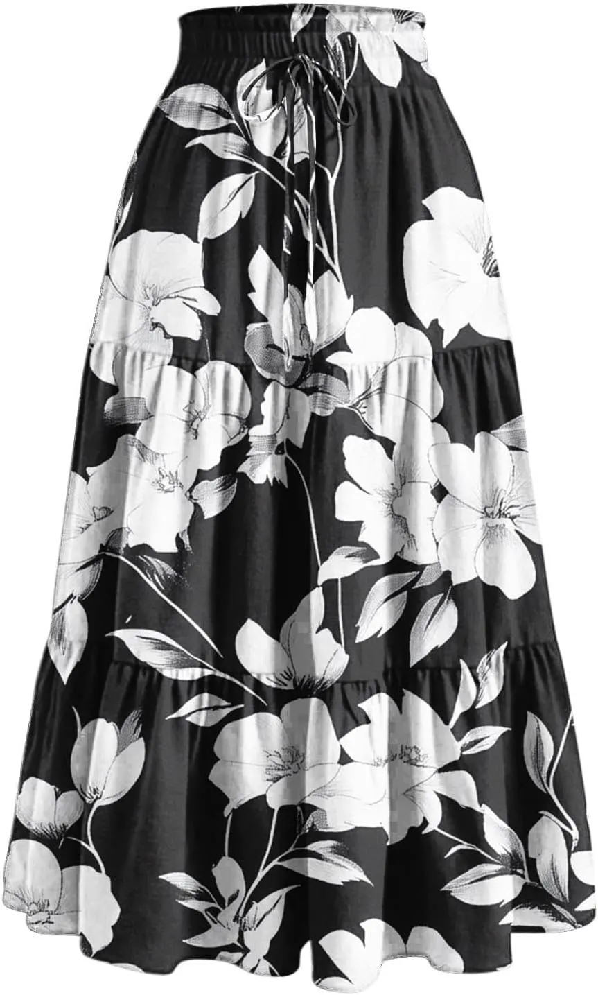 Women Summer Boho Skirts Long Flowy Skirt Tiered A-Line Skirts Maxi Floral Skirt Pleated Beach Skirt High Waist Skirt