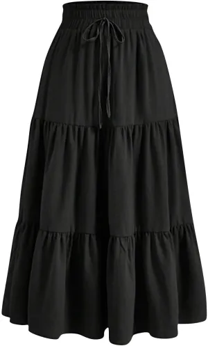 Women Summer Boho Skirts Long Flowy Skirt Tiered A-Line Skirts Maxi Floral Skirt Pleated Beach Skirt High Waist Skirt