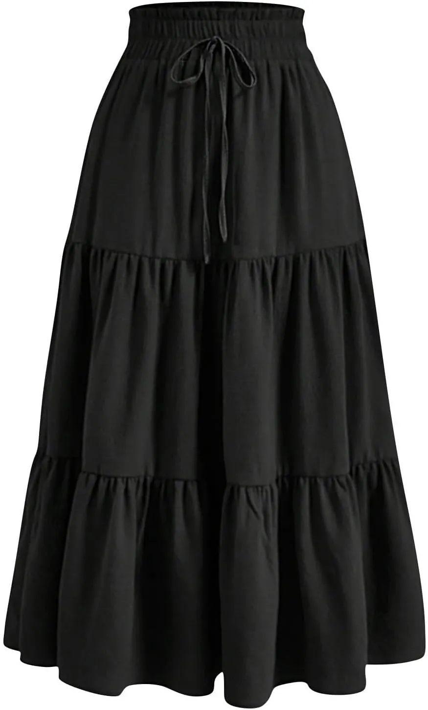 Women Summer Boho Skirts Long Flowy Skirt Tiered A-Line Skirts Maxi Floral Skirt Pleated Beach Skirt High Waist Skirt