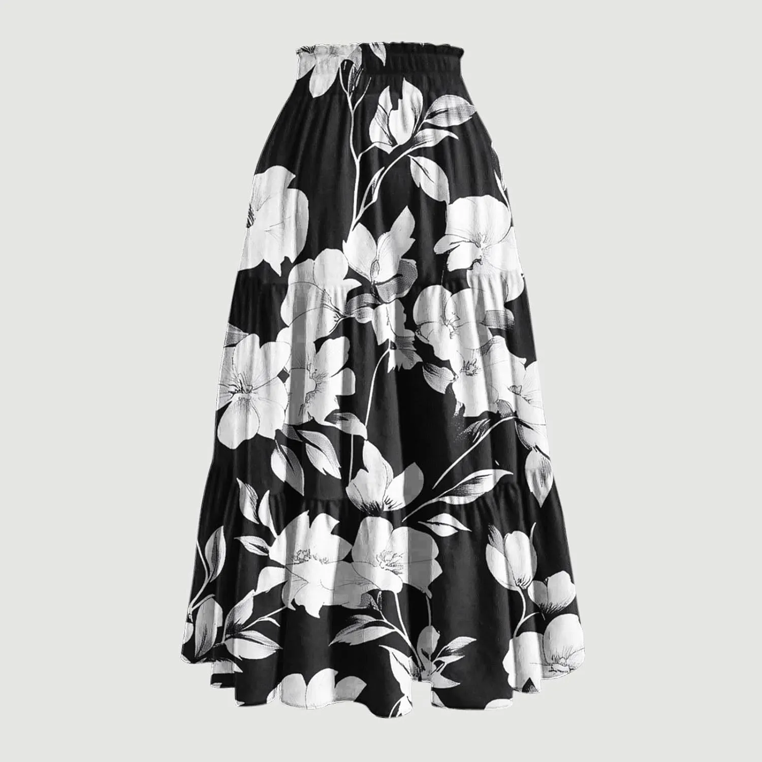 Women Summer Boho Skirts Long Flowy Skirt Tiered A-Line Skirts Maxi Floral Skirt Pleated Beach Skirt High Waist Skirt