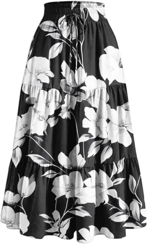 Women Summer Boho Skirts Long Flowy Skirt Tiered A-Line Skirts Maxi Floral Skirt Pleated Beach Skirt High Waist Skirt