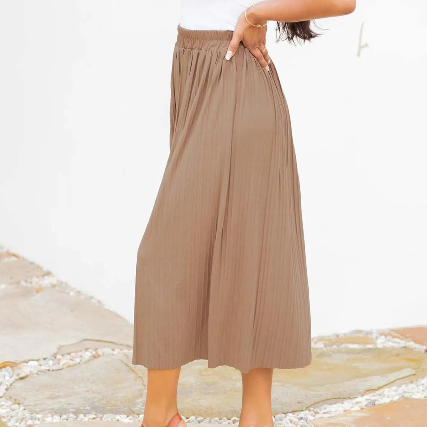 Women Summer Casual Midi Skirts Elastic High Waisted Button Down Solid Color Pleated Comfy A Line Beach Skirt