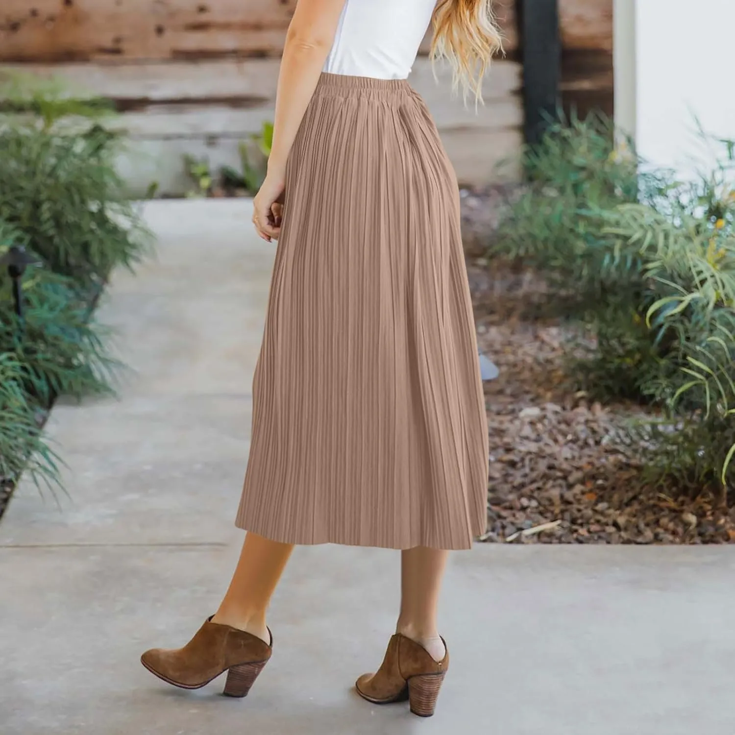 Women Summer Casual Midi Skirts Elastic High Waisted Button Down Solid Color Pleated Comfy A Line Beach Skirt