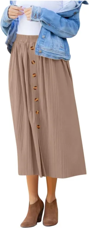 Women Summer Casual Midi Skirts Elastic High Waisted Button Down Solid Color Pleated Comfy A Line Beach Skirt