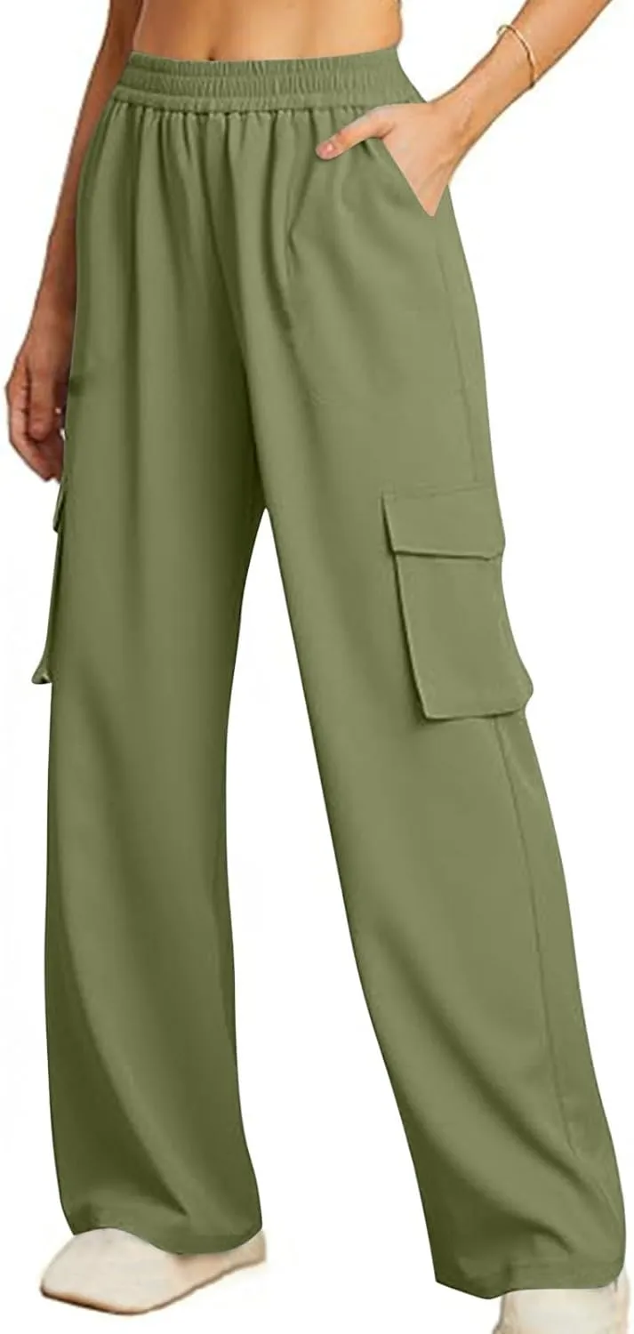 Women Summer Elastic Waist Cargo Pants Wide Leg Casual Pants Relaxed Fit Straight Leg Slack Trendy Y2K Trousers