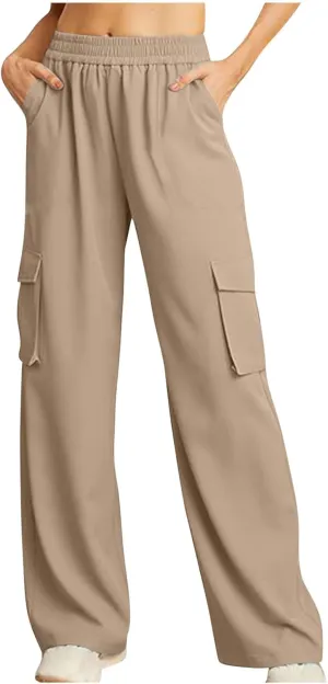 Women Summer Elastic Waist Cargo Pants Wide Leg Casual Pants Relaxed Fit Straight Leg Slack Trendy Y2K Trousers