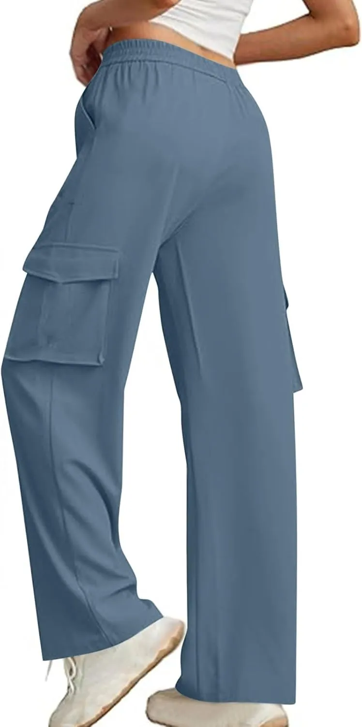 Women Summer Elastic Waist Cargo Pants Wide Leg Casual Pants Relaxed Fit Straight Leg Slack Trendy Y2K Trousers