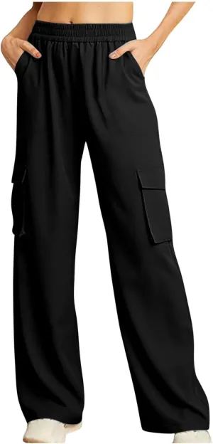 Women Summer Elastic Waist Cargo Pants Wide Leg Casual Pants Relaxed Fit Straight Leg Slack Trendy Y2K Trousers