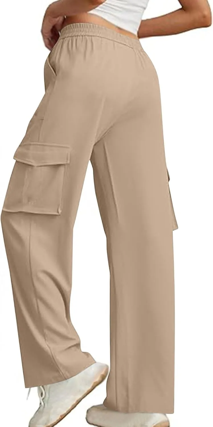 Women Summer Elastic Waist Cargo Pants Wide Leg Casual Pants Relaxed Fit Straight Leg Slack Trendy Y2K Trousers