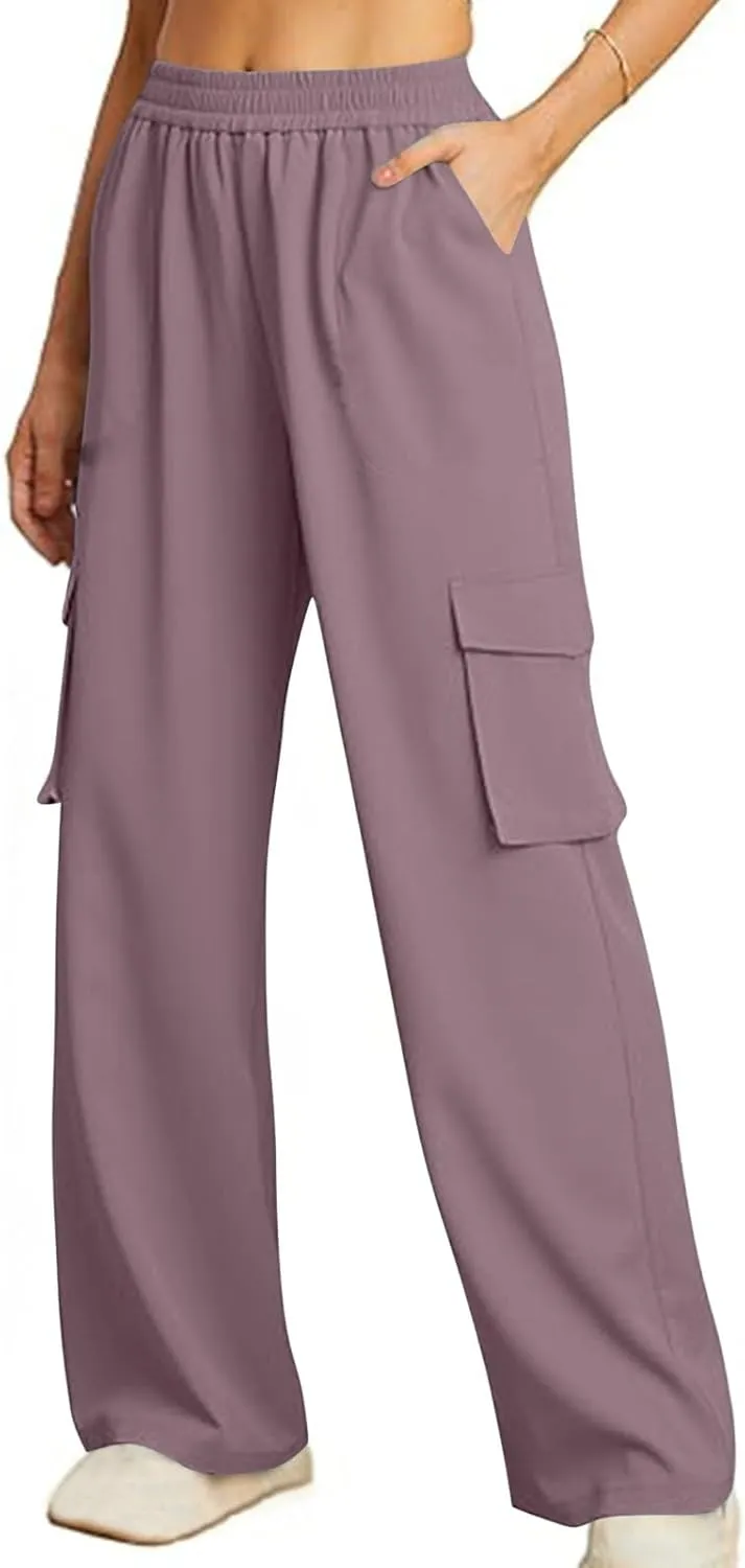 Women Summer Elastic Waist Cargo Pants Wide Leg Casual Pants Relaxed Fit Straight Leg Slack Trendy Y2K Trousers