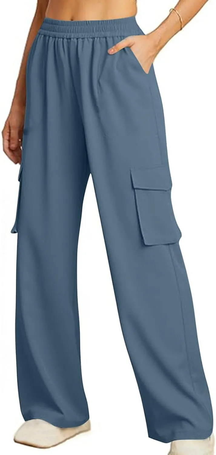 Women Summer Elastic Waist Cargo Pants Wide Leg Casual Pants Relaxed Fit Straight Leg Slack Trendy Y2K Trousers