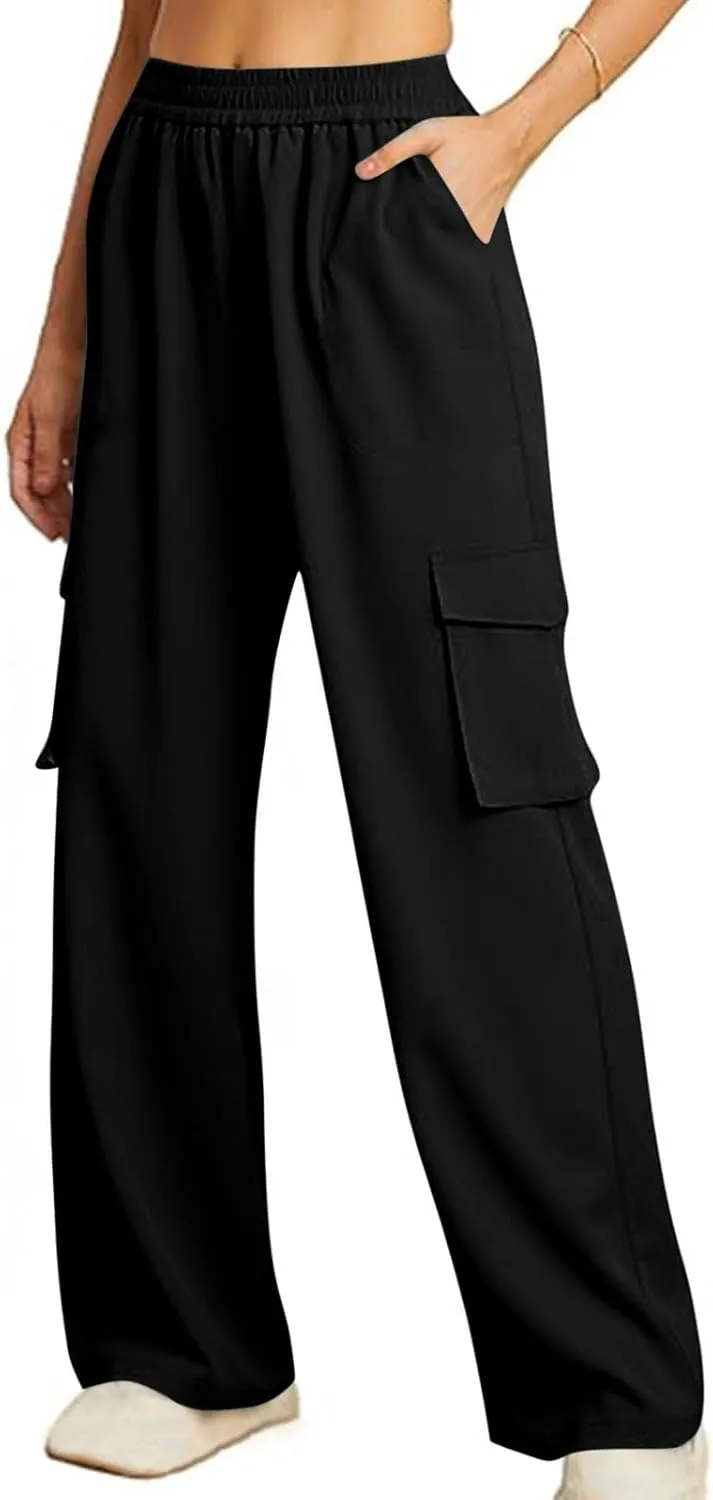Women Summer Elastic Waist Cargo Pants Wide Leg Casual Pants Relaxed Fit Straight Leg Slack Trendy Y2K Trousers