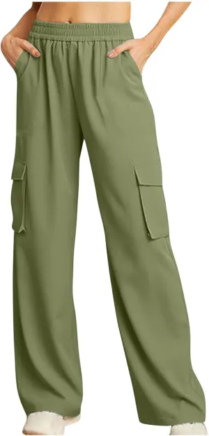 Women Summer Elastic Waist Cargo Pants Wide Leg Casual Pants Relaxed Fit Straight Leg Slack Trendy Y2K Trousers