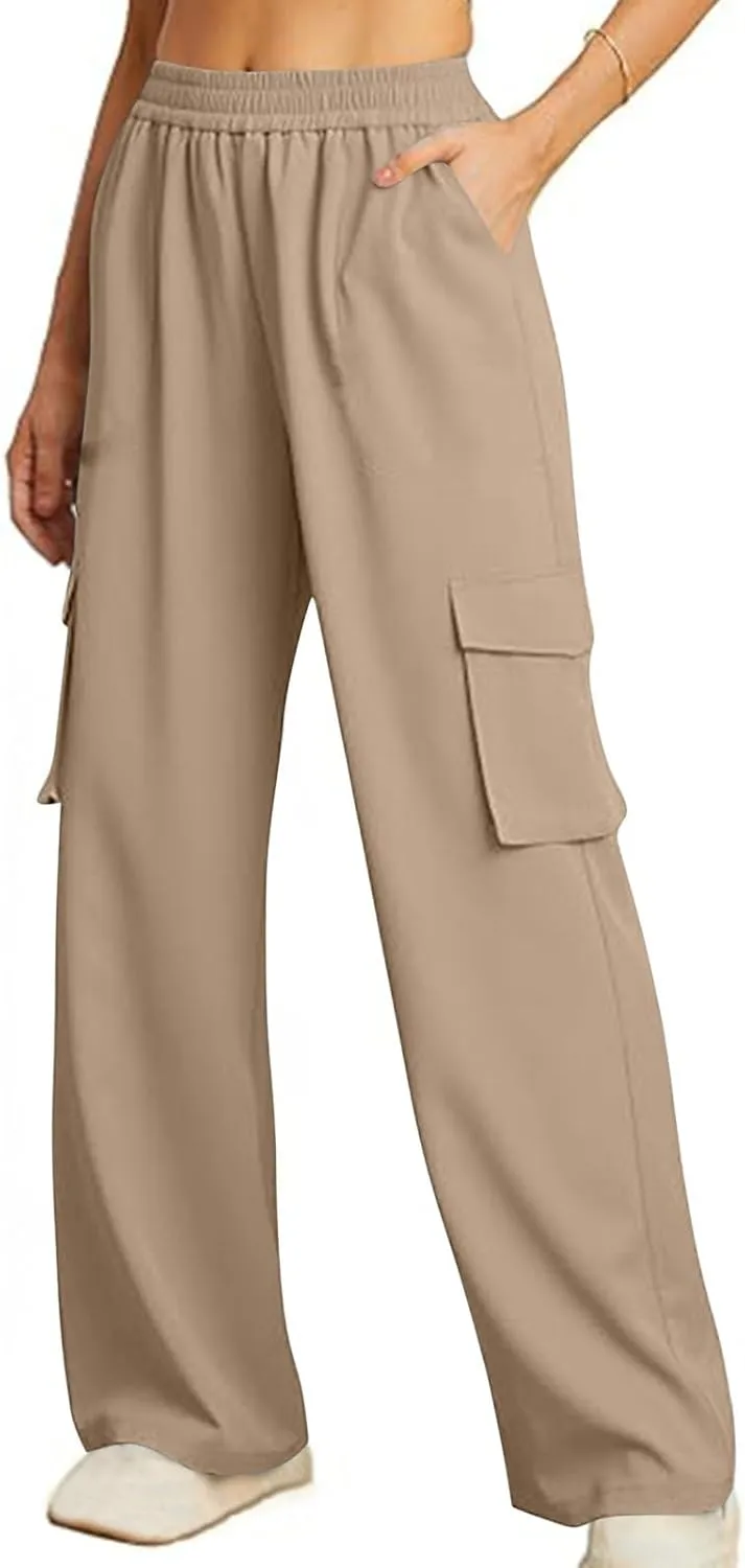 Women Summer Elastic Waist Cargo Pants Wide Leg Casual Pants Relaxed Fit Straight Leg Slack Trendy Y2K Trousers