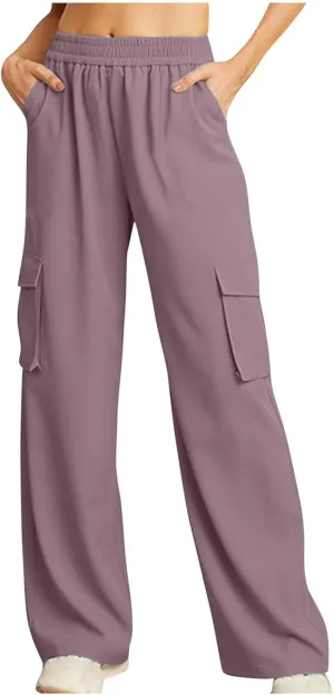 Women Summer Elastic Waist Cargo Pants Wide Leg Casual Pants Relaxed Fit Straight Leg Slack Trendy Y2K Trousers