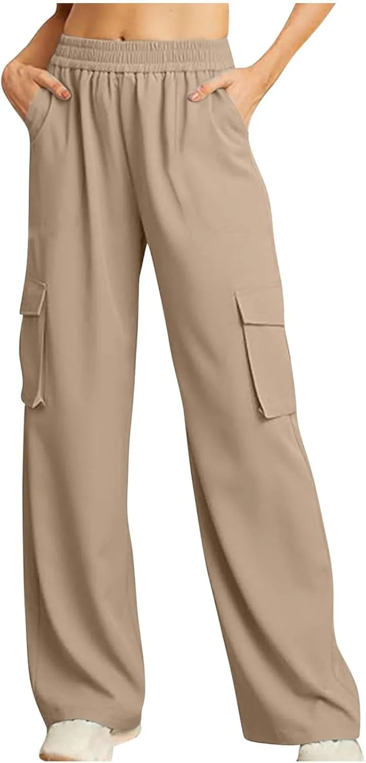Women Summer Elastic Waist Cargo Pants Wide Leg Casual Pants Relaxed Fit Straight Leg Slack Trendy Y2K Trousers