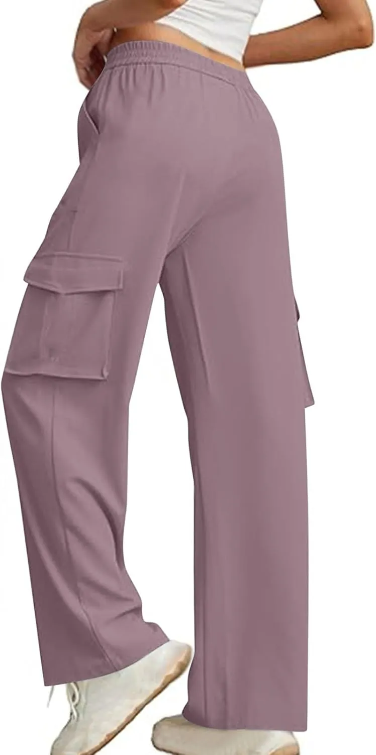 Women Summer Elastic Waist Cargo Pants Wide Leg Casual Pants Relaxed Fit Straight Leg Slack Trendy Y2K Trousers