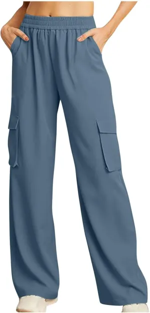 Women Summer Elastic Waist Cargo Pants Wide Leg Casual Pants Relaxed Fit Straight Leg Slack Trendy Y2K Trousers