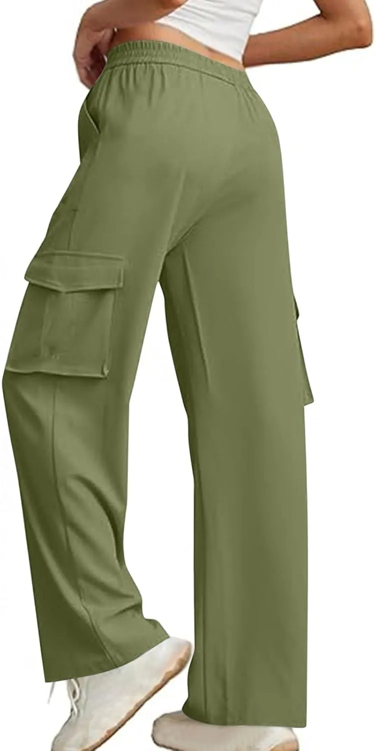 Women Summer Elastic Waist Cargo Pants Wide Leg Casual Pants Relaxed Fit Straight Leg Slack Trendy Y2K Trousers