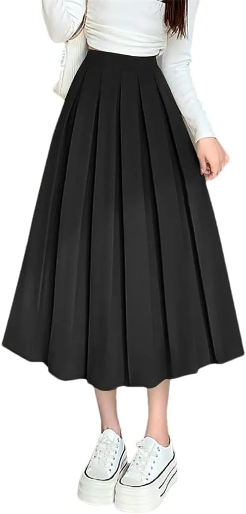 Women Summer Long Flared Hem Elastic Waist A Line Skirt Daily Wear Casual Skirts