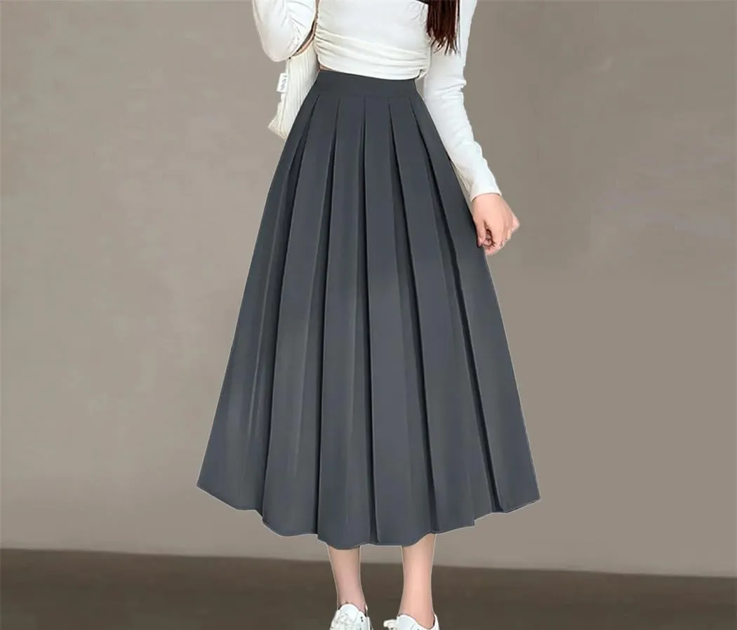 Women Summer Long Flared Hem Elastic Waist A Line Skirt Daily Wear Casual Skirts
