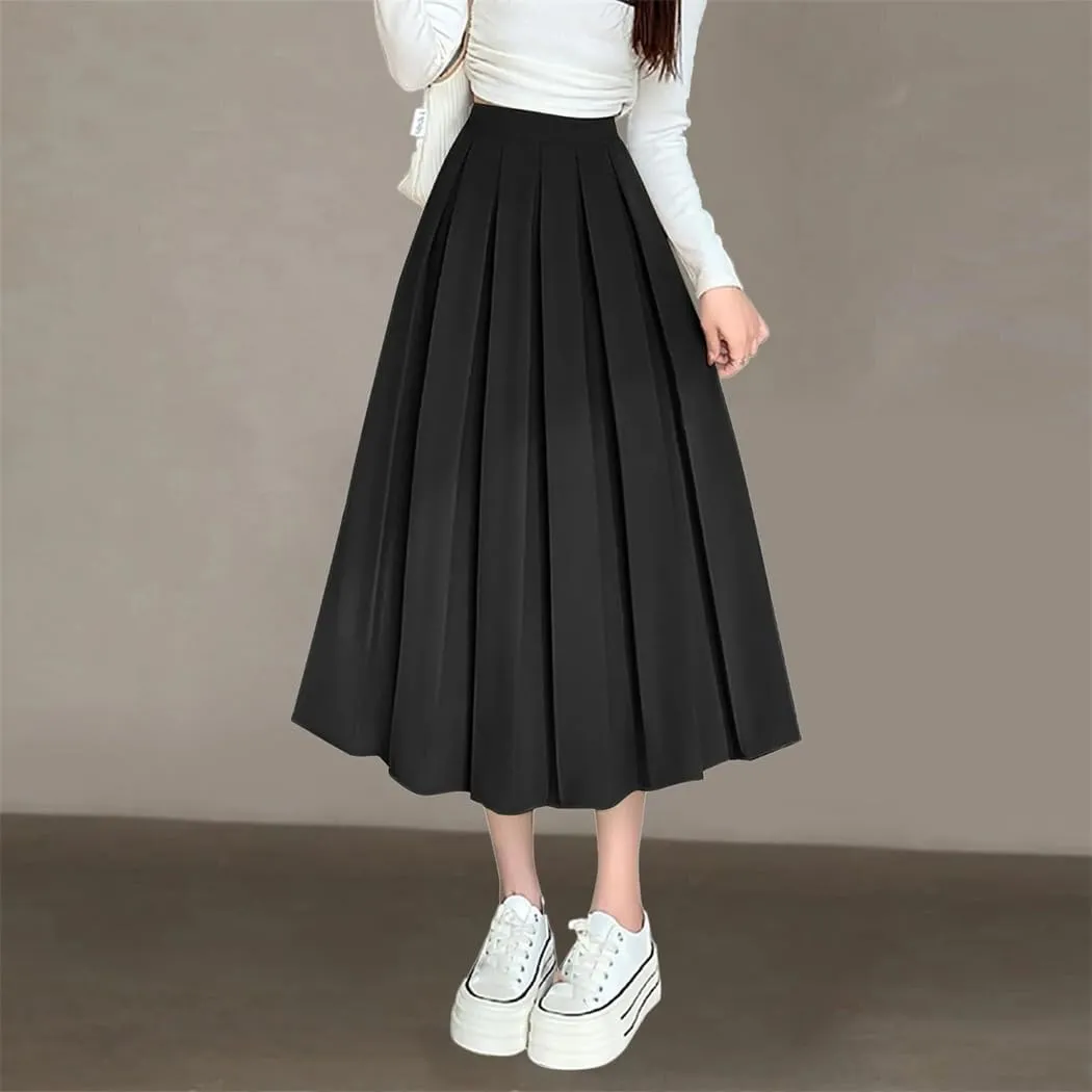 Women Summer Long Flared Hem Elastic Waist A Line Skirt Daily Wear Casual Skirts