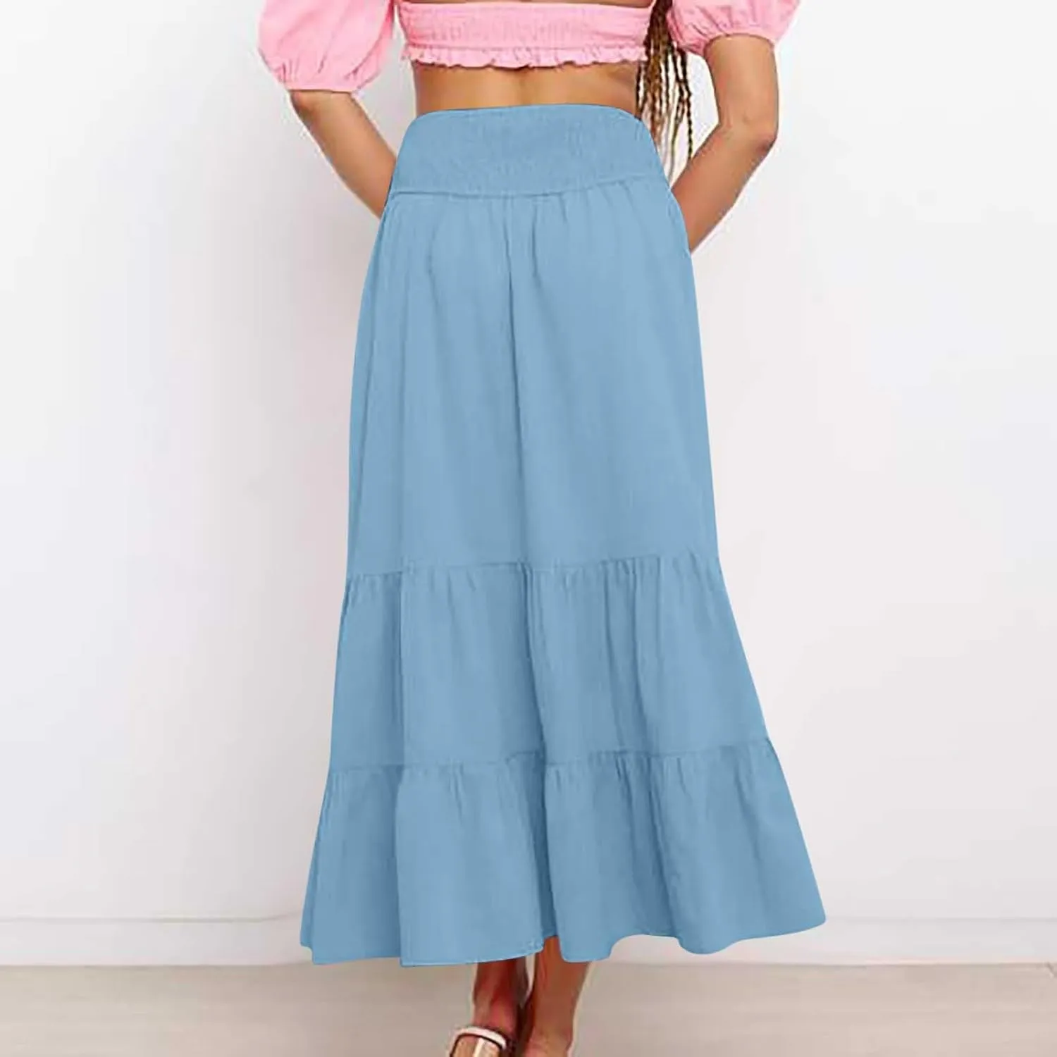 Women Summer Maxi Skirt Elastic High Waist Pleated Boho Ruffle Tiered Skirts 2025 Trendy Casual Flowy A-Line Skirt