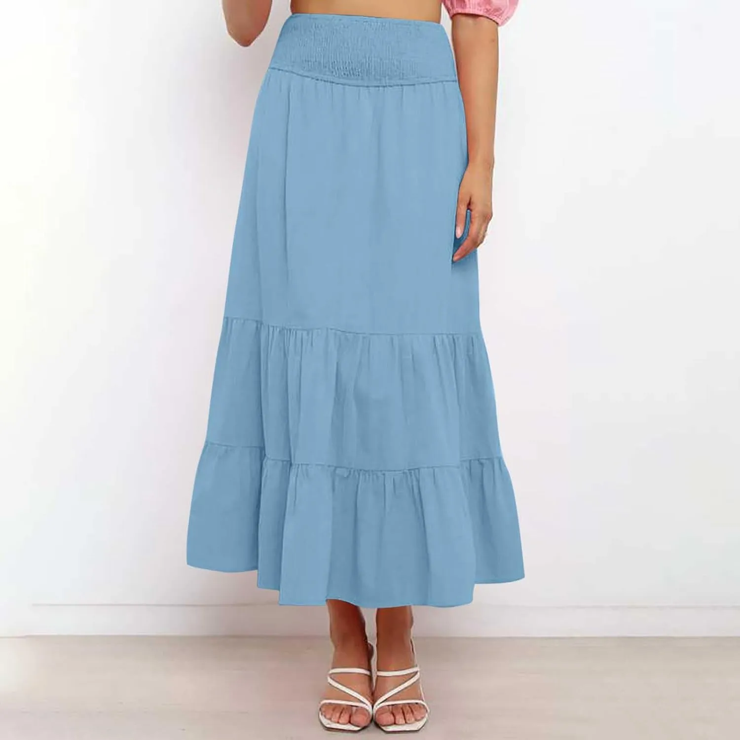 Women Summer Maxi Skirt Elastic High Waist Pleated Boho Ruffle Tiered Skirts 2025 Trendy Casual Flowy A-Line Skirt