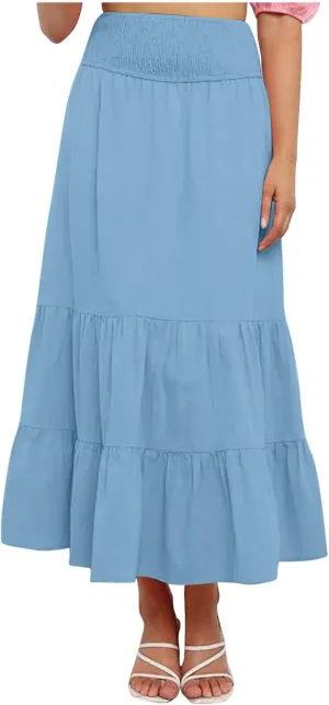 Women Summer Maxi Skirt Elastic High Waist Pleated Boho Ruffle Tiered Skirts 2025 Trendy Casual Flowy A-Line Skirt