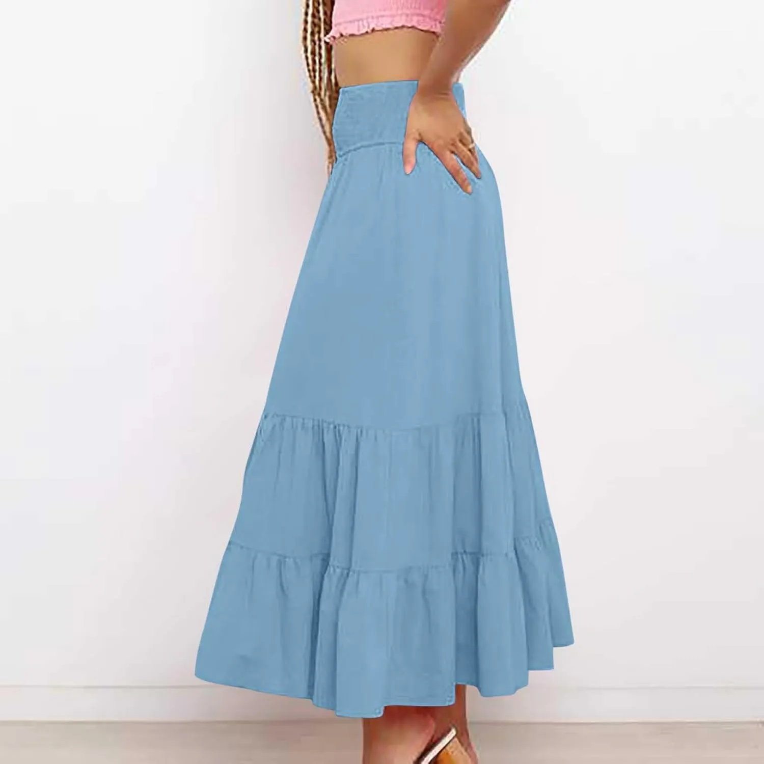 Women Summer Maxi Skirt Elastic High Waist Pleated Boho Ruffle Tiered Skirts 2025 Trendy Casual Flowy A-Line Skirt