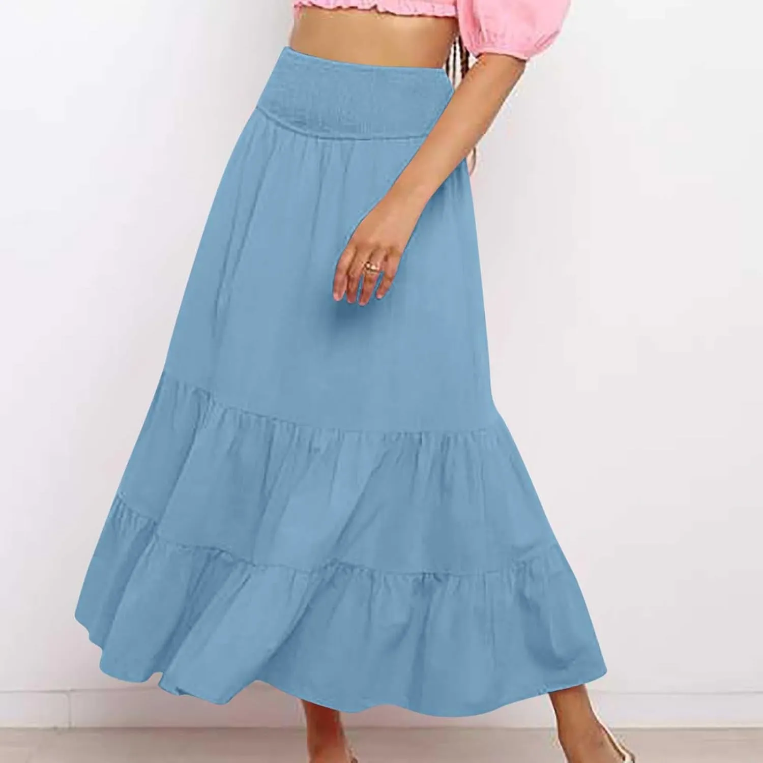 Women Summer Maxi Skirt Elastic High Waist Pleated Boho Ruffle Tiered Skirts 2025 Trendy Casual Flowy A-Line Skirt