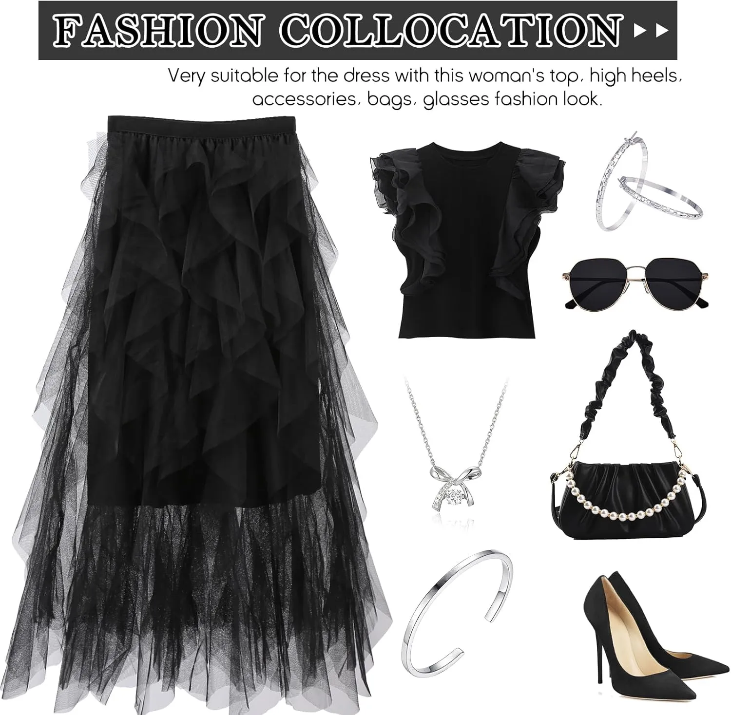 Women Tulle Skirts Layered Tutu Skirt Midi Length Elastic High Waist A Line Skirt