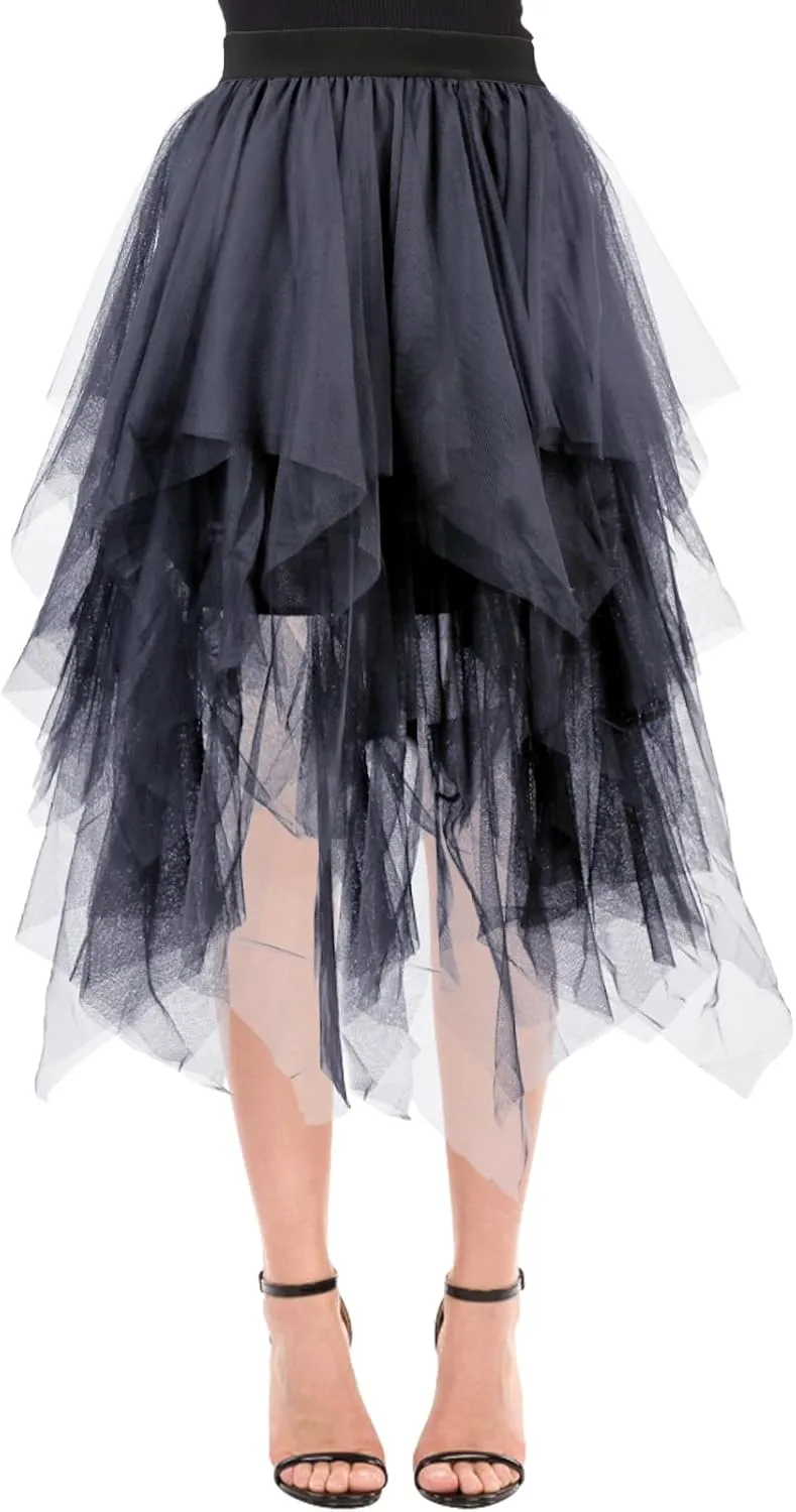 Women Tulle Skirts Layered Tutu Skirt Midi Length Elastic High Waist A Line Skirt