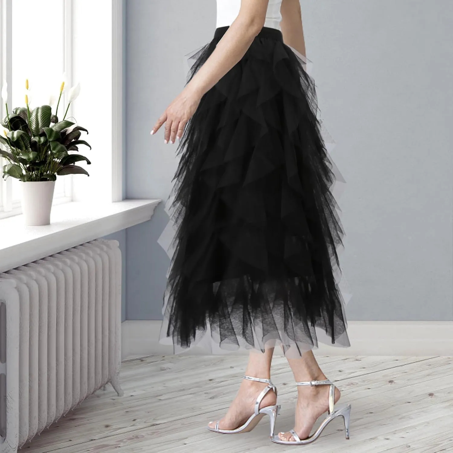 Women Tulle Skirts Layered Tutu Skirt Midi Length Elastic High Waist A Line Skirt