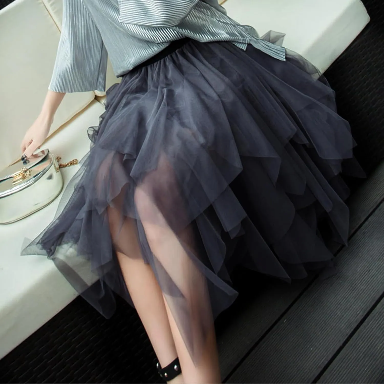 Women Tulle Skirts Layered Tutu Skirt Midi Length Elastic High Waist A Line Skirt